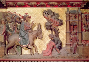 De intocht van Christus in Jeruzalem, 1340-51 beschilderde steen (detail)